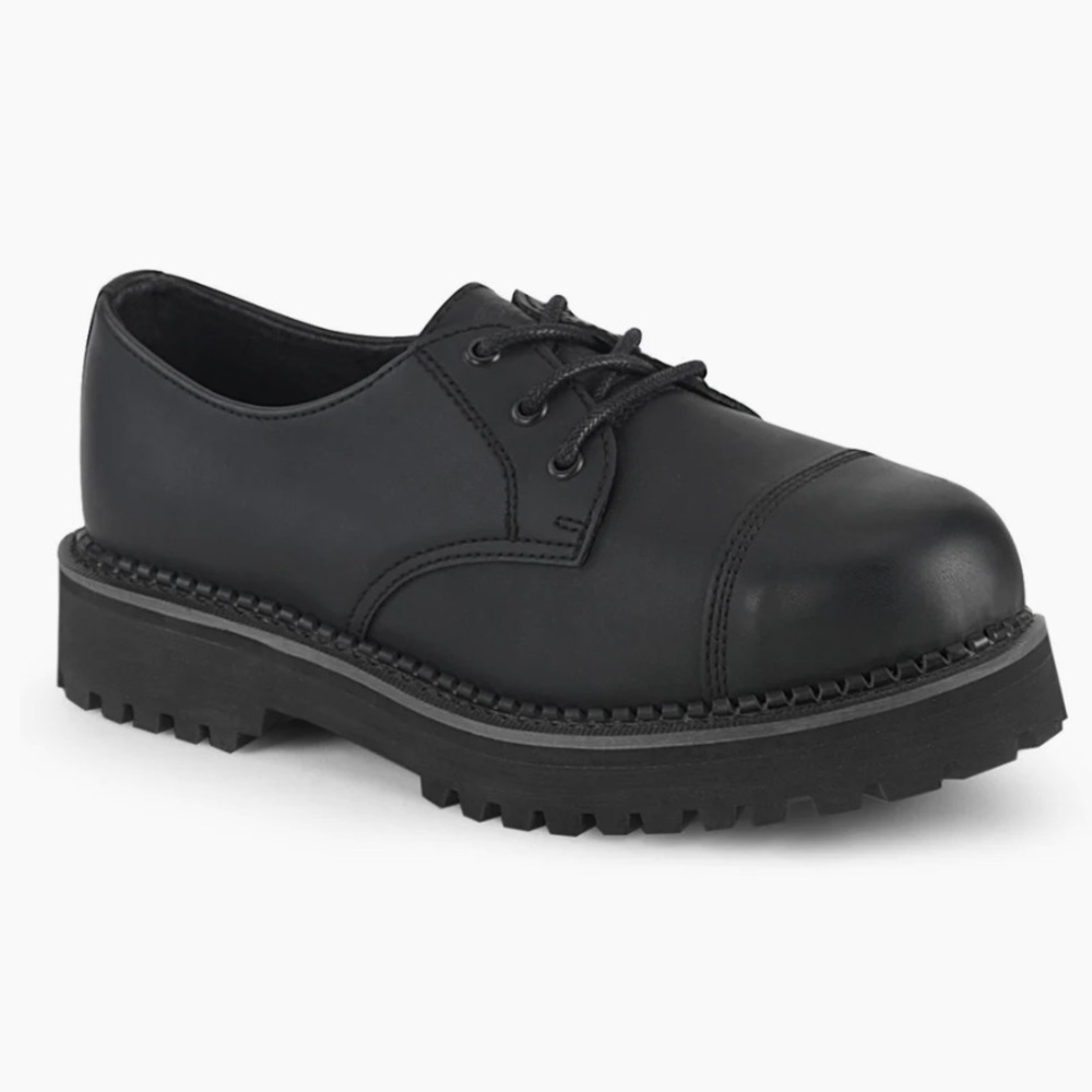 🪻 NIB Demonia Black Vegan Leather Unisex Steel Toe Gibson Shoe Riot-03 US 7.5🪻